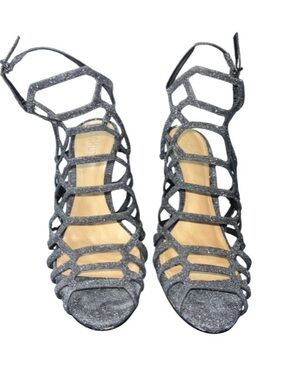 Schutz Morley Caged Sandals Silver Black Glitter Size 8B